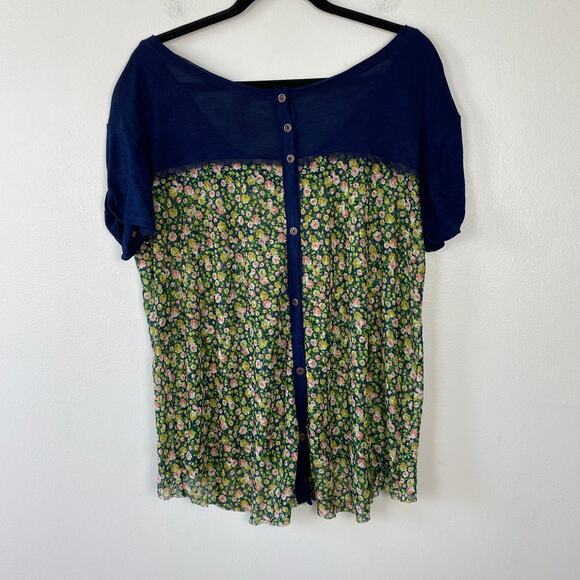 Free People Floral Short Sleeve Blouse Button Down Back Sheer Boho Cottage Small - Picture 5 of 10
